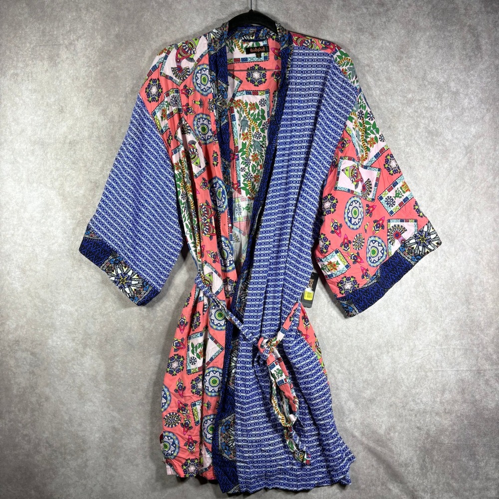 BollyDoll Robe Womens L/XL‎ Coral Blue Patchwork Kimono Loungewear Boho Art NEW